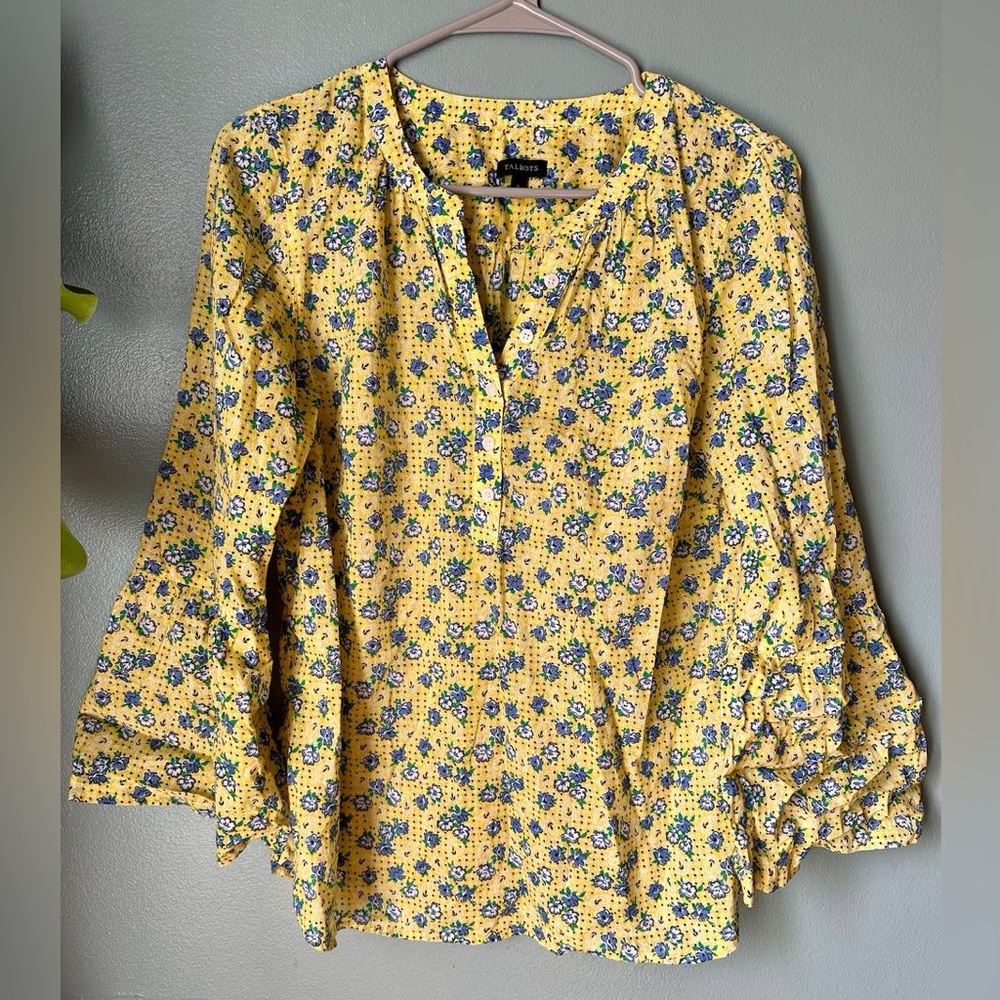 Talbots Yellow Floral Peasant Top with Blue & Green Accents (100% Cotton)